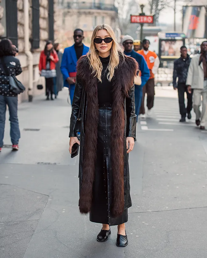 Faux Fur Trim Coat with Leather Skirt for an Edgy Look — Faux Fur Coat Outfits