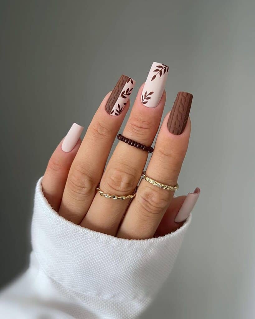 Matte Brown Coffin Nails with Textures — Brown Nail Designs