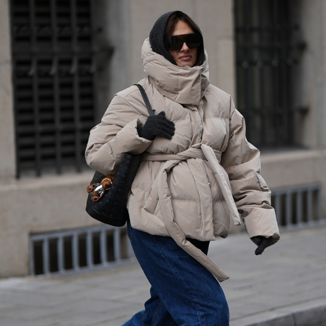 Belted Beige Puffer with Hooded Layer Belted Beige Puffer with Hooded Layer — Winter Puffer Jacket Outfits