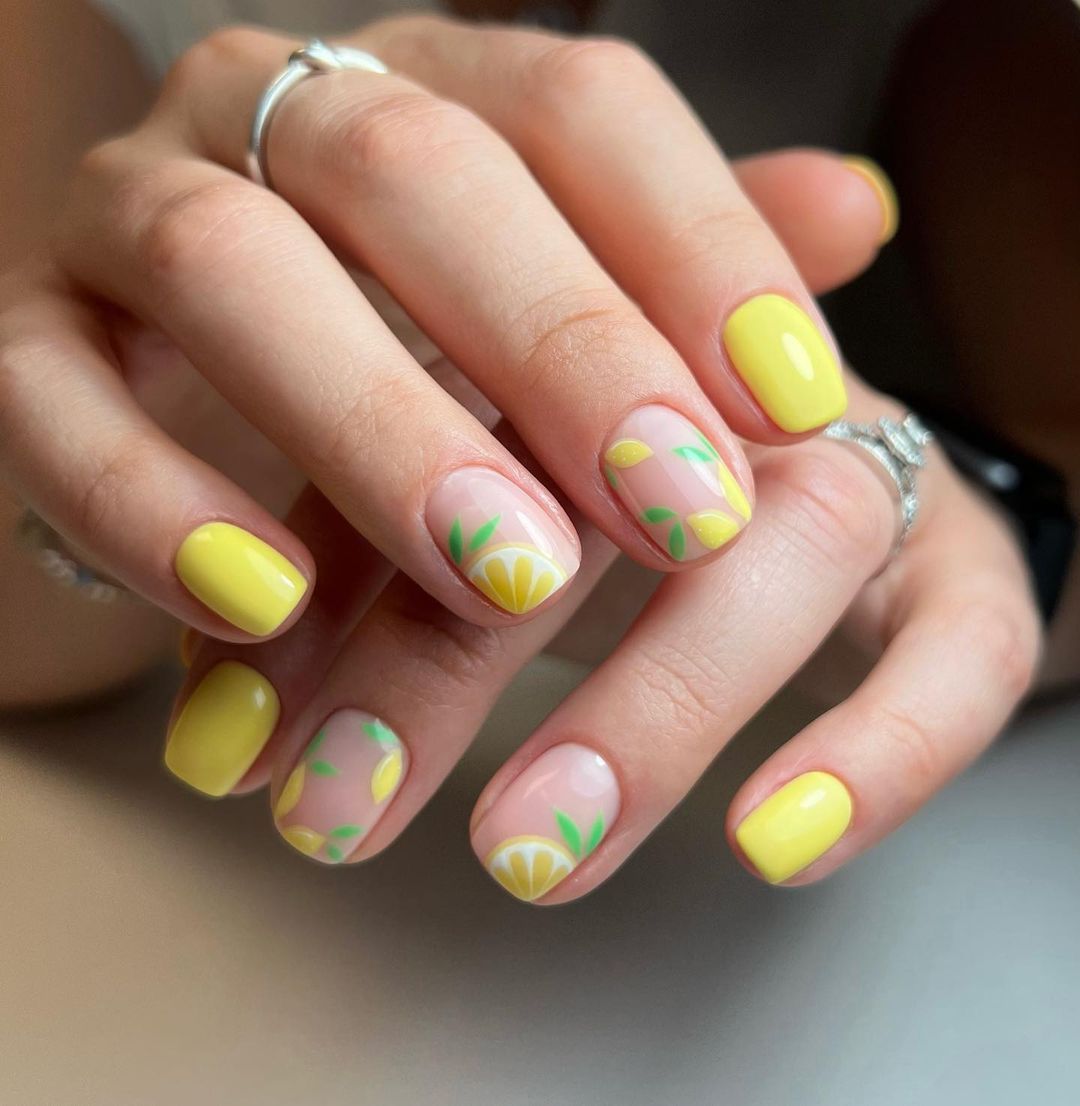 Lemon Slices And Leaves Visual Idea Lemon Slices And Leaves Visual Idea — Short Nail Designs
