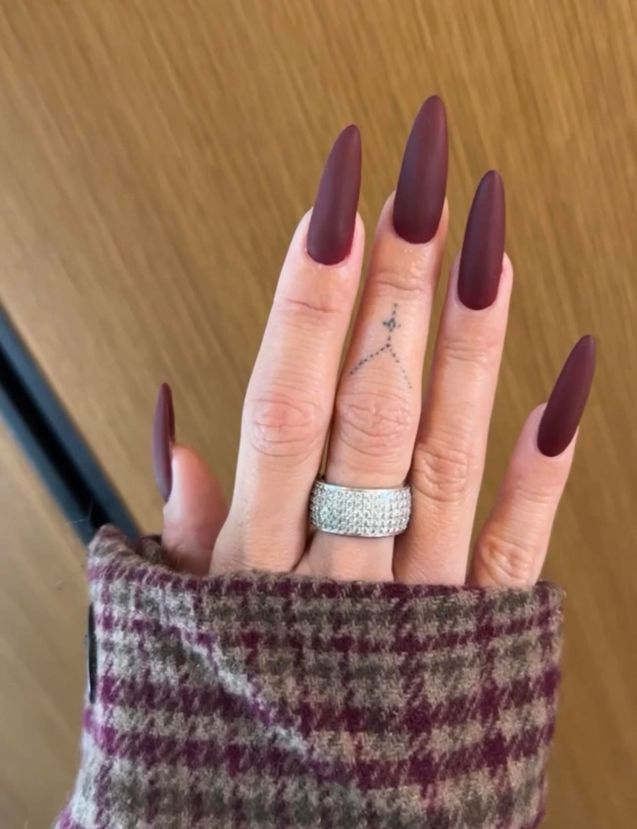Deep Matte Burgundy Long Stiletto Nails — Winter Matte Nails
