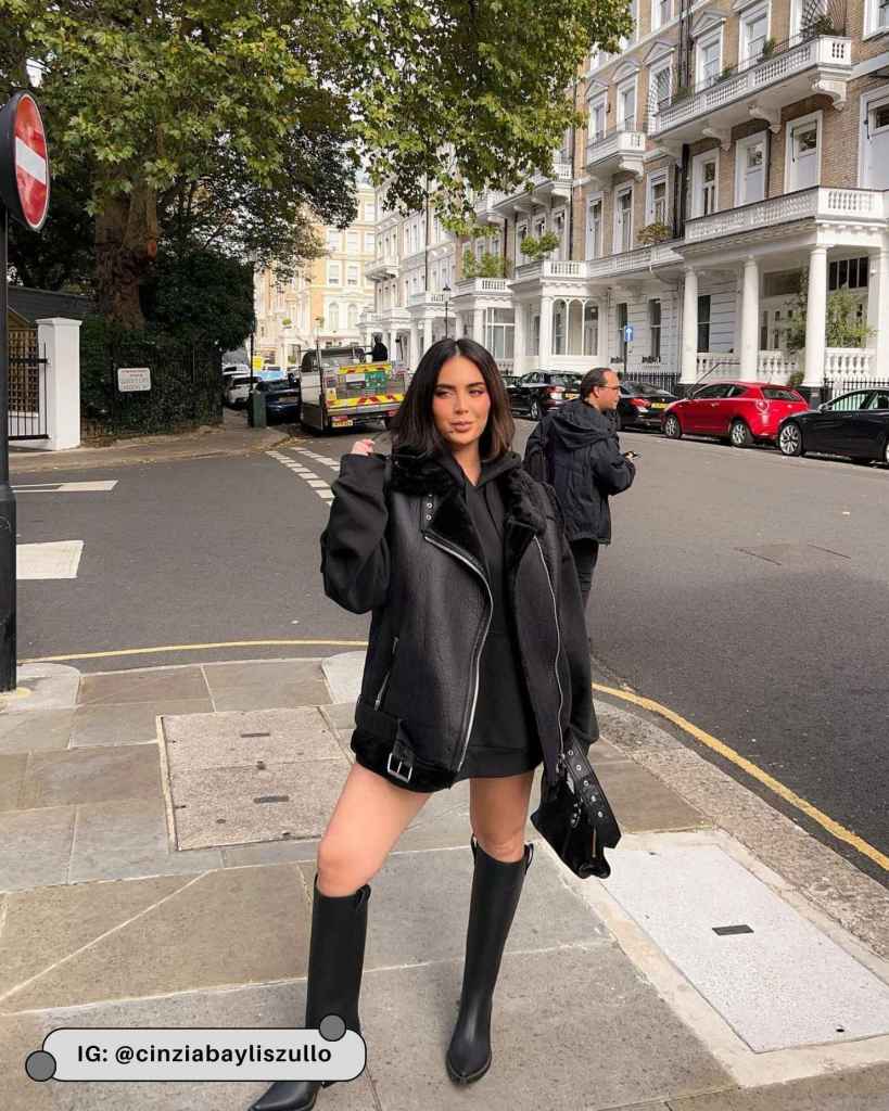 All-Black Ensemble: Faux Fur Jacket and Knee-High Boots All-Black Ensemble: Faux Fur Jacket and Knee-High Boots — Black Boots Outfits