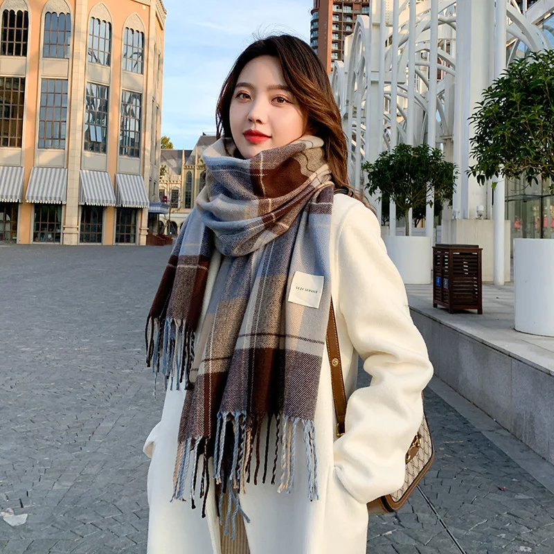Cream Wool Coat Paired with a Large Plaid Scarf — Korean Winter Outfits