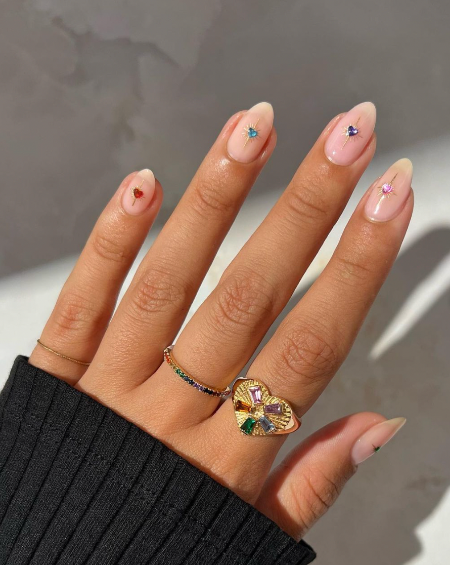 Medium Almond Nude with Starburst Gems — Cute Nail Designs