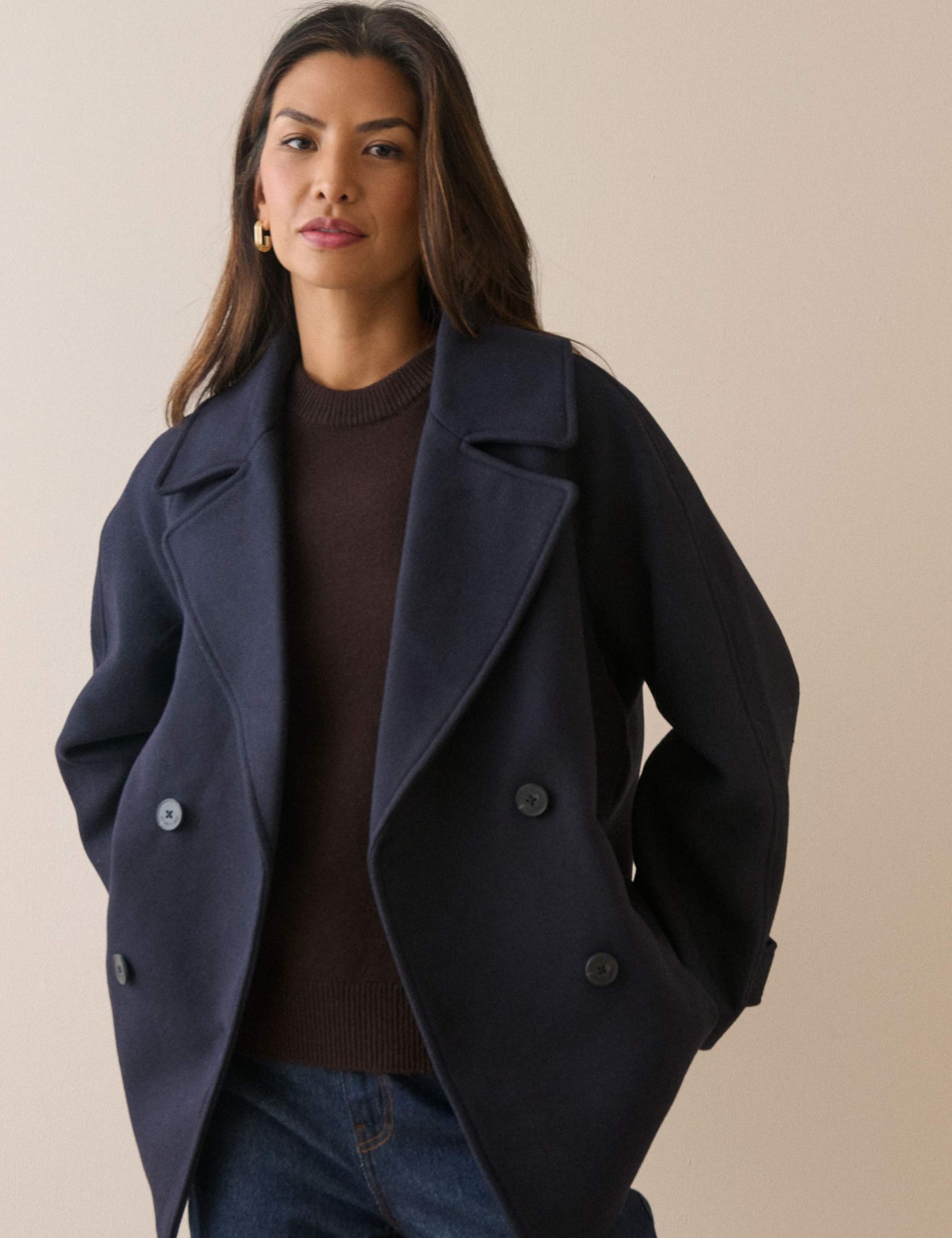 Cropped Navy Peacoat with Dark Brown Sweater Cropped Navy Peacoat with Dark Brown Sweater — Peacoat Outfits