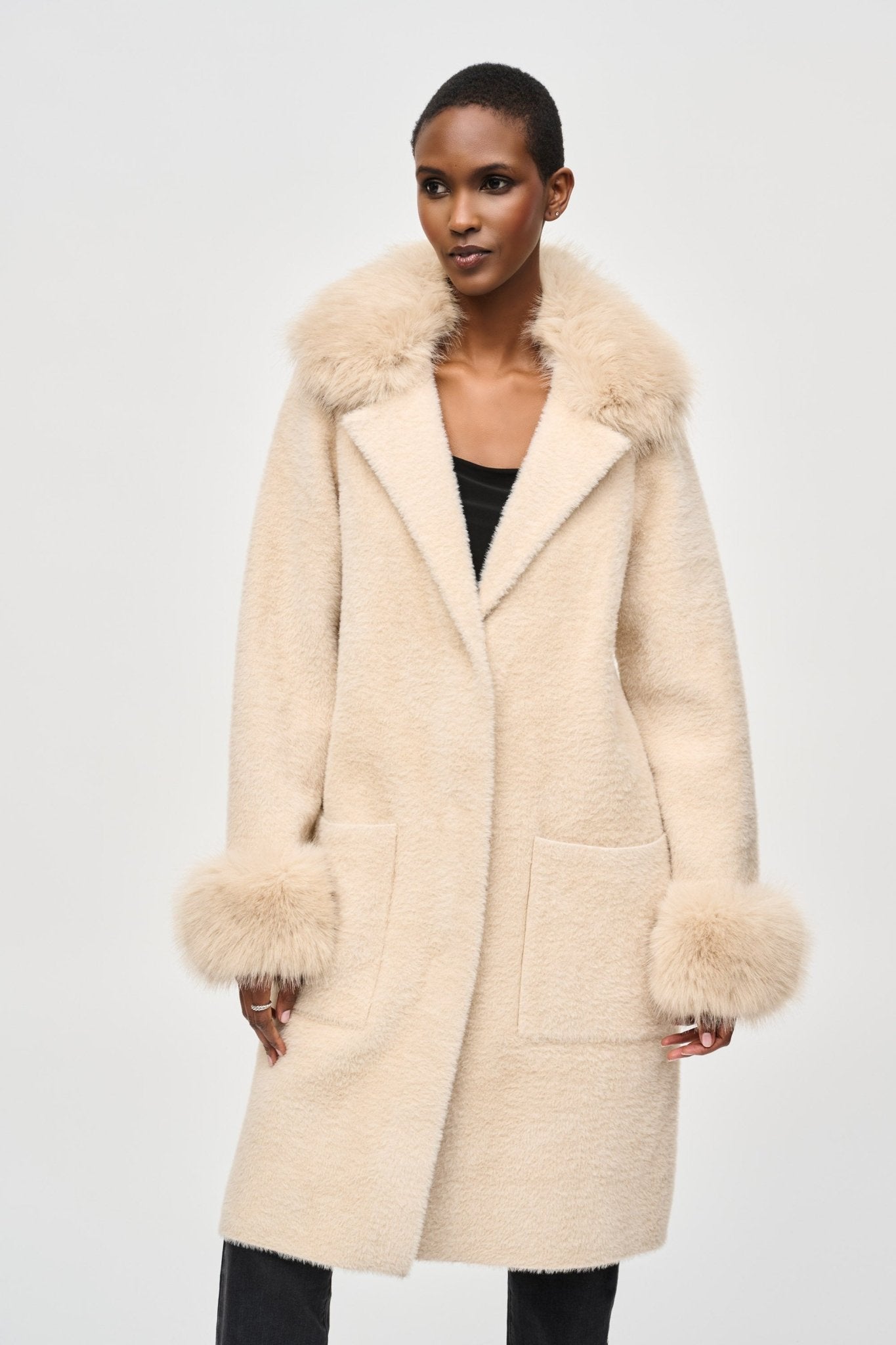 Cream Bouclé Coat with Faux Fur Trim — Shearling Coat Outfits