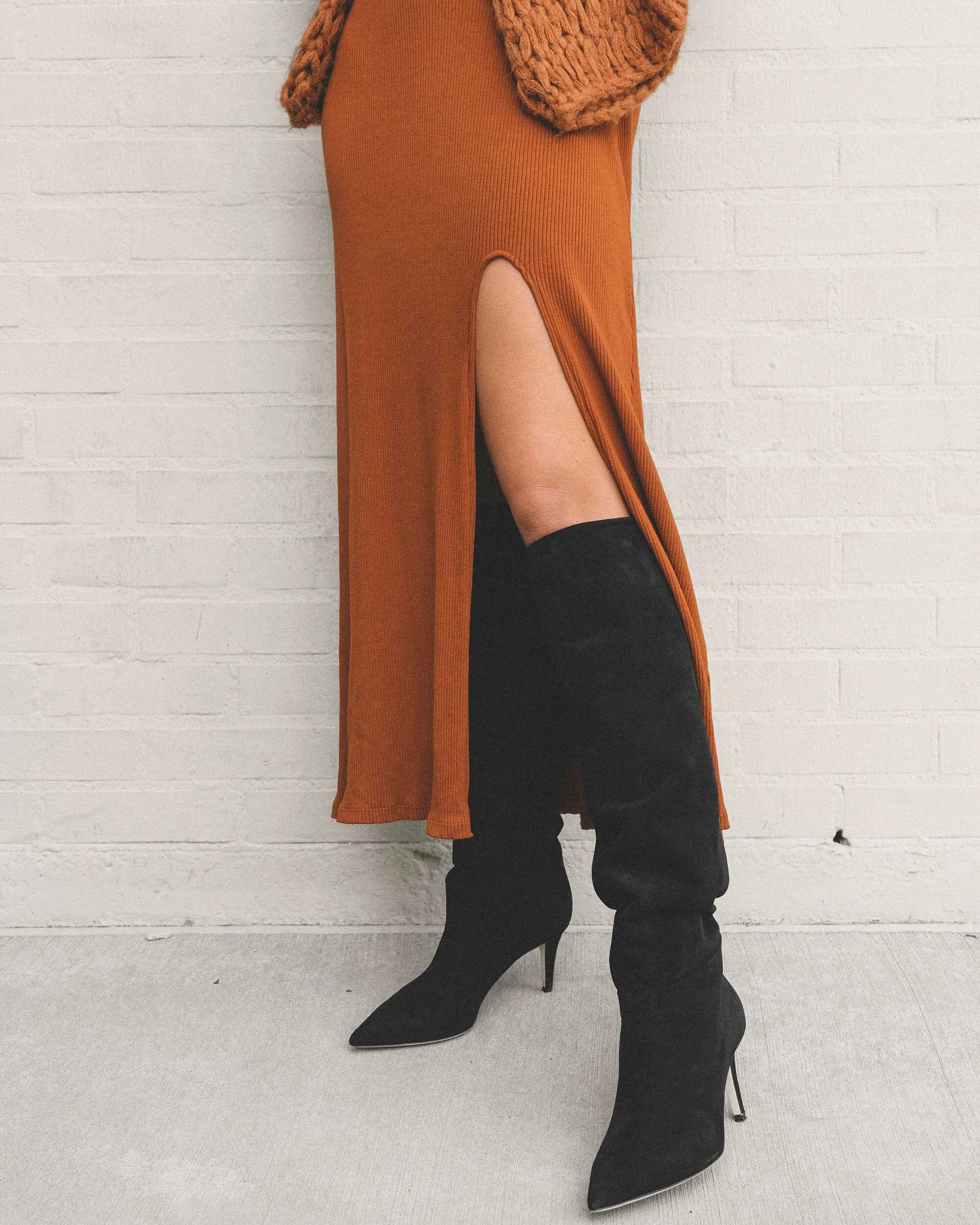 Black Suede Knee-High Boots with Orange Maxi Dress and Cardigan — Suede Boots Outfits