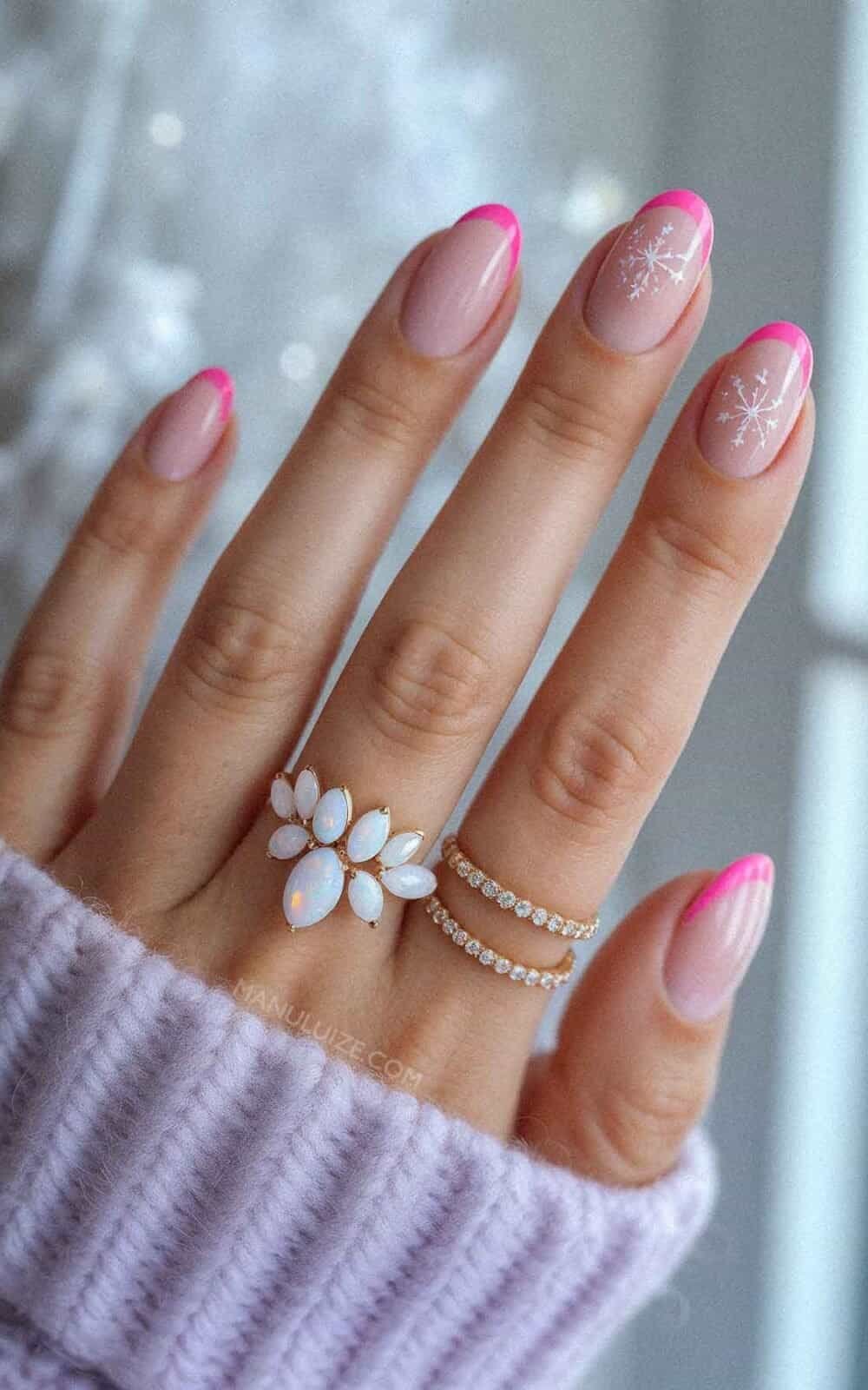 Bright Pink French Tip Snowflake Nails Bright Pink French Tip Snowflake Nails — Short Winter Nails