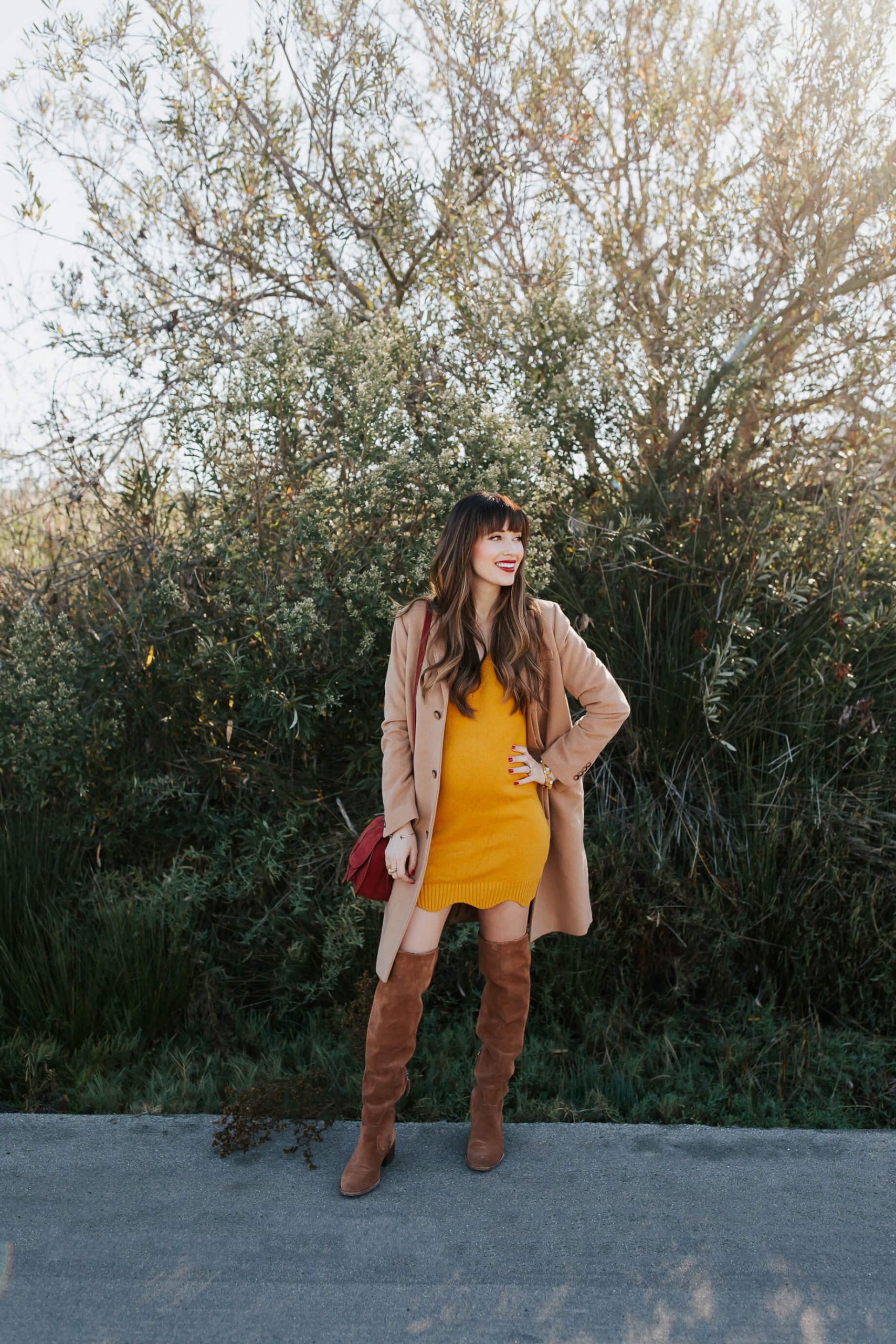 Yellow Mini Sweater Dress Under Camel Coat with Over-the-Knee Boots Yellow Mini Sweater Dress Under Camel Coat with Over-the-Knee Boots — Sweater Dress Outfits