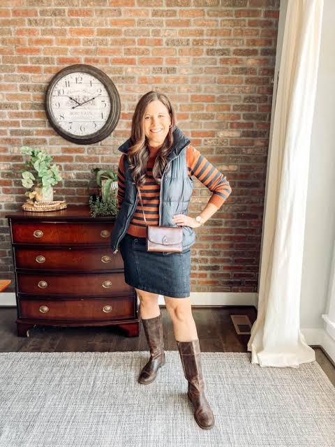 Grey Puffer Vest with Striped Shirt and Denim Skirt Grey Puffer Vest with Striped Shirt and Denim Skirt — Puffer Vest Outfits