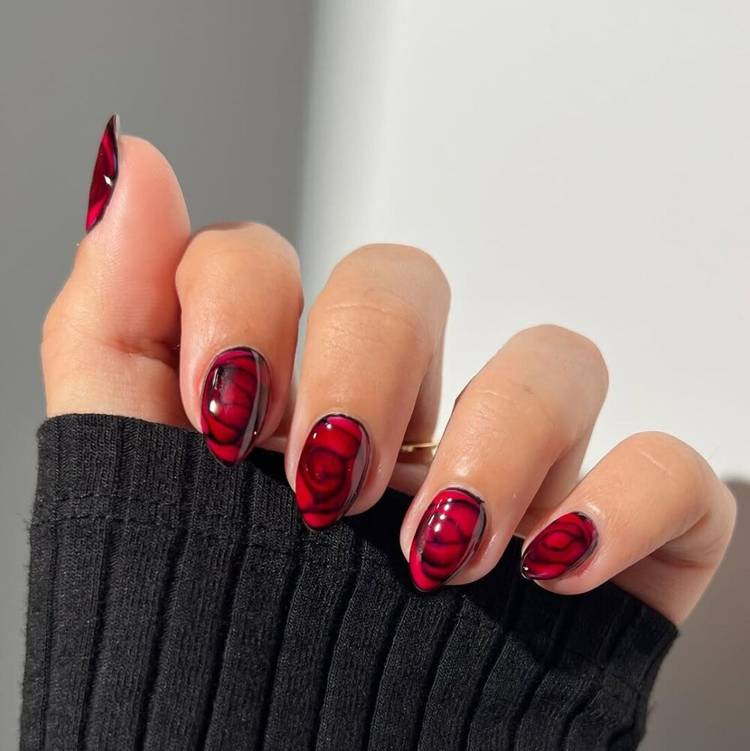 Glossy Red Swirl Rose Petal Almond Nails Glossy Red Swirl Rose Petal Almond Nails — Almond Nail Designs