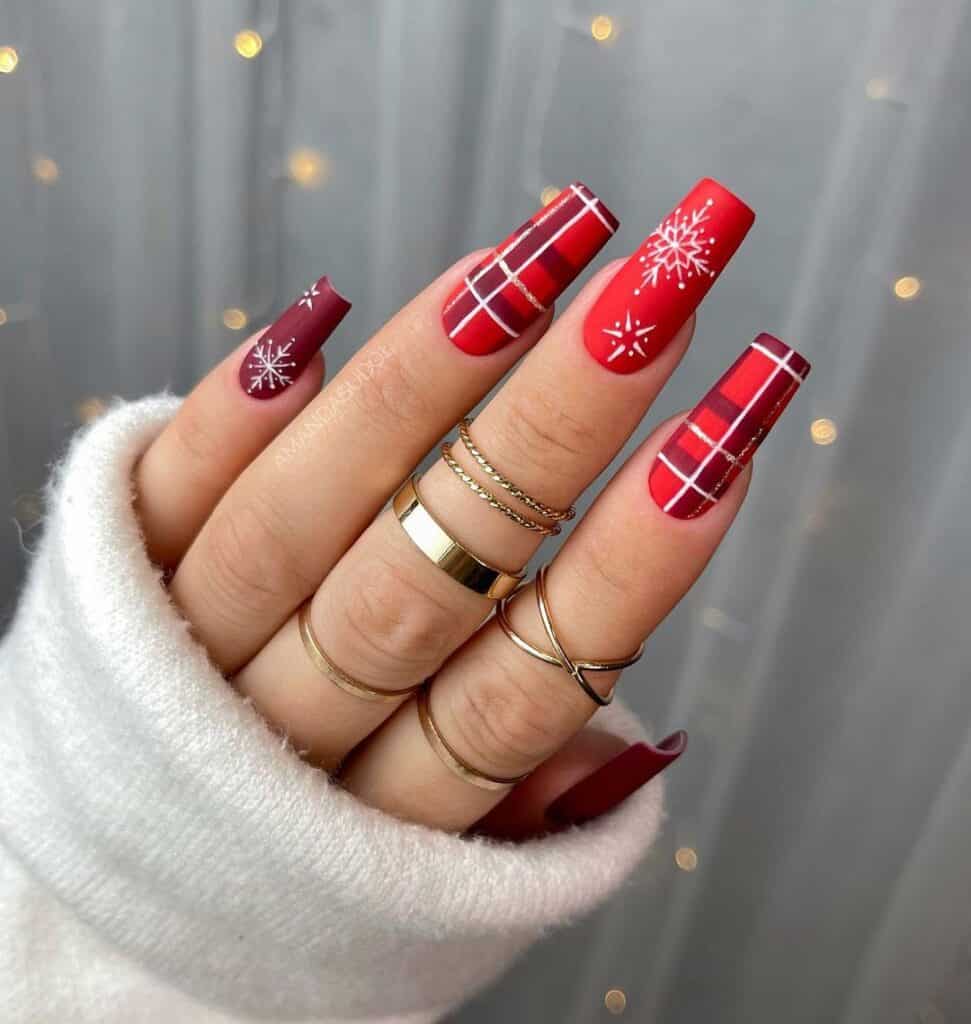 Matte Plaid Snowflake Coffin — Winter Red Nails