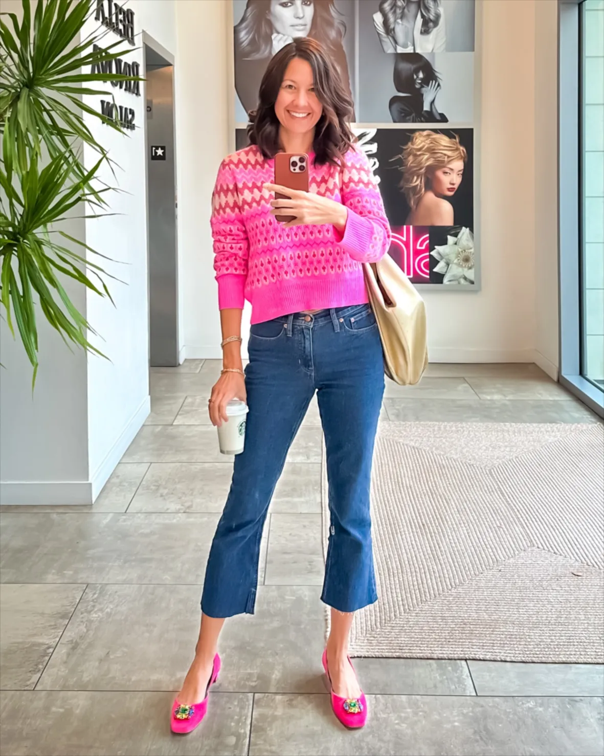 Vibrant Pink Fair Isle Sweater with Cropped Flare Jeans and Heels Vibrant Pink Fair Isle Sweater with Cropped Flare Jeans and Heels — Fair Isle Sweater Outfits