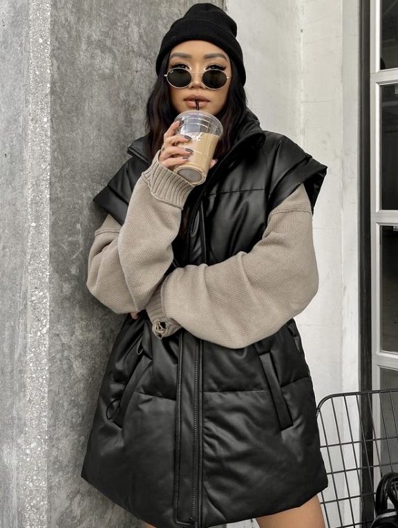 Beige Knit Sweater Under Black Faux-Leather Puffer Vest Beige Knit Sweater Under Black Faux-Leather Puffer Vest — Baddie Winter Outfits