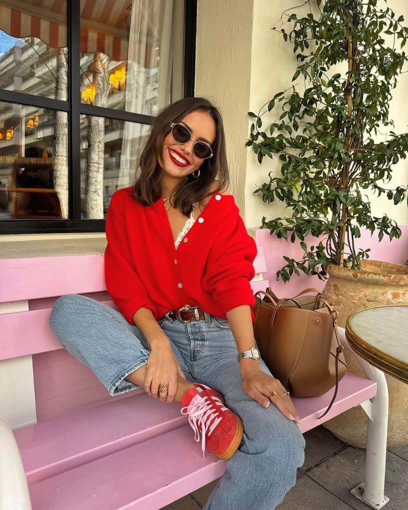 Playful Pop: Bright Red Cardigan with Lace Top and Jeans Playful Pop: Bright Red Cardigan with Lace Top and Jeans — Cardigan Outfits