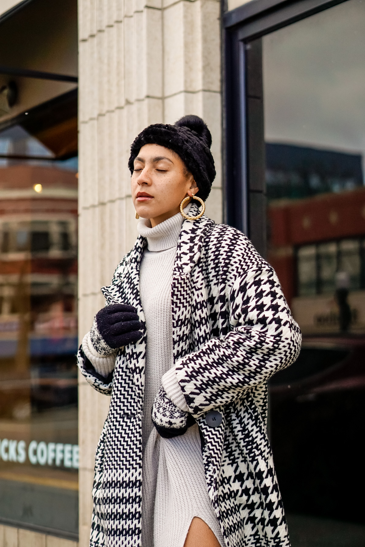 Houndstooth Long Coat with Striped Sleeves and Beanie — Long Coat Outfits