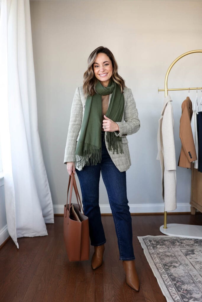 Patterned Blazer and Olive Scarf for Elevated Casual Workwear — Winter Capsule Wardrobe