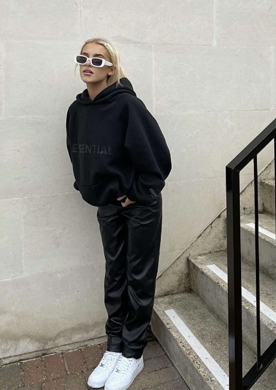 Oversized Black Hoodie with Satin Pants and White Sunglasses Oversized Black Hoodie with Satin Pants and White Sunglasses — Baddie Winter Outfits