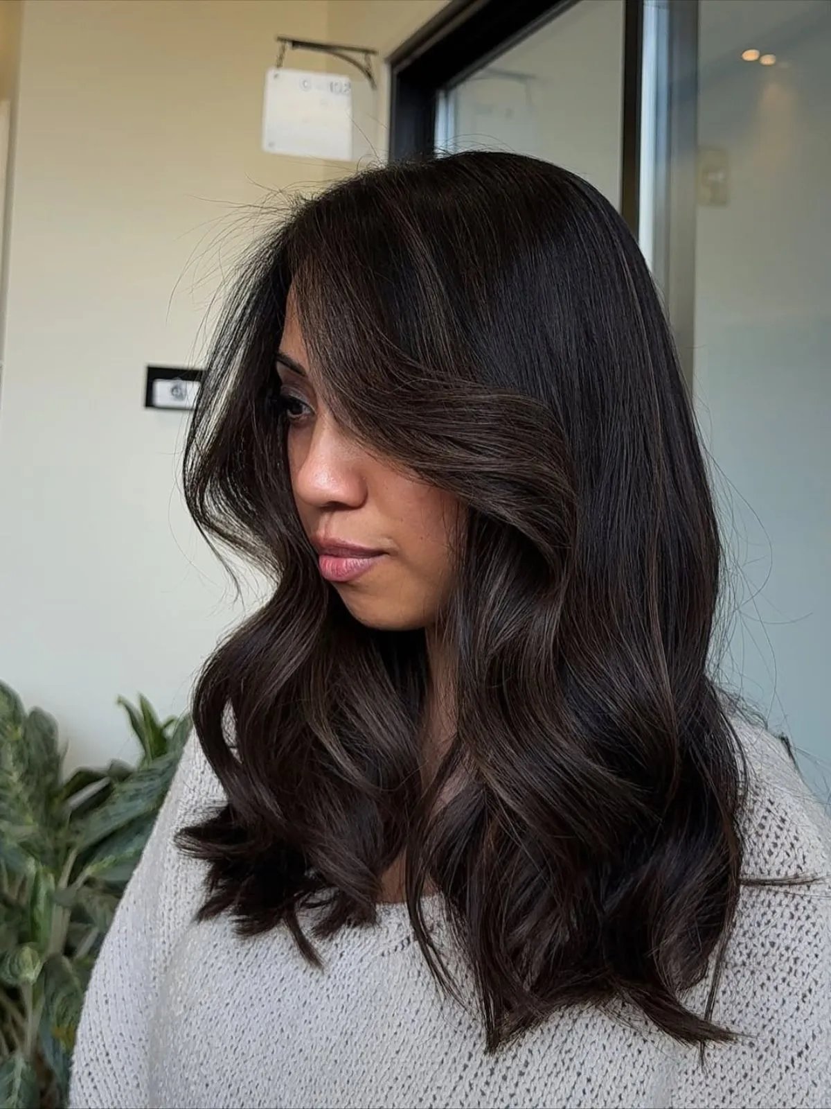 Dark Brown Long Bob With Ash Balayage Dark Brown Long Bob With Ash Balayage — Low Maintenance Winter Hair Colors