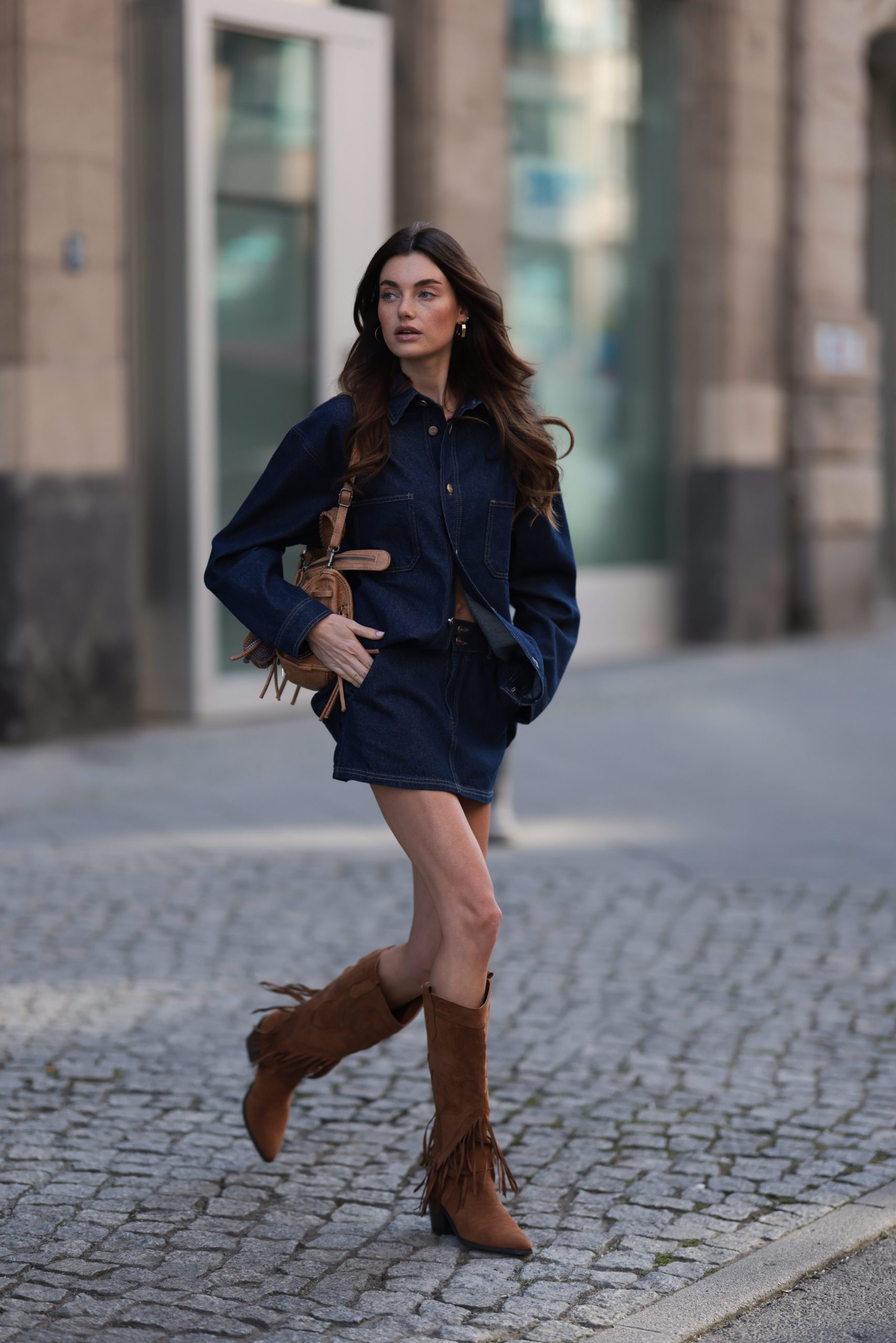Denim Duo: Brown Cowboy Boots with Matching Mini Skirt and Jacket — Brown Boots Outfits