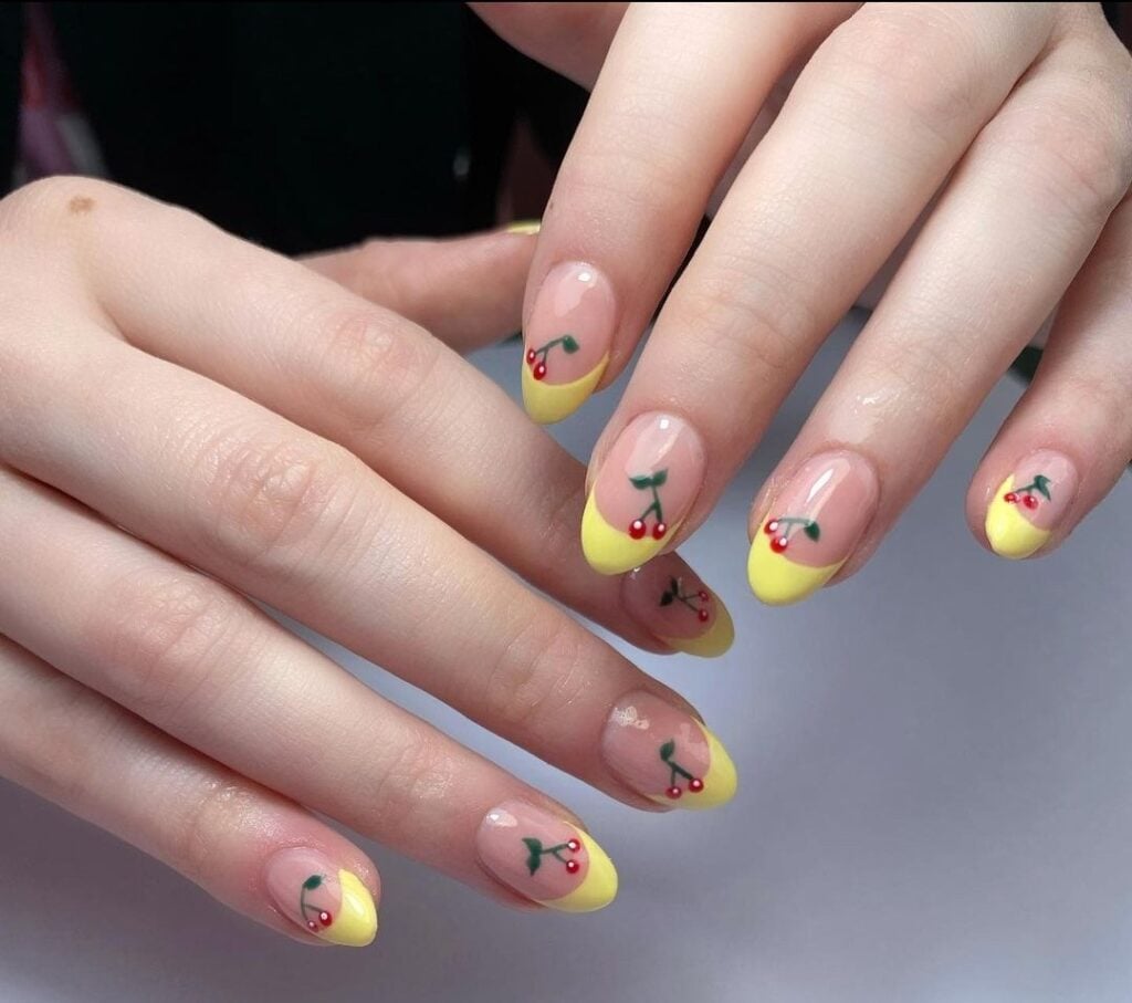 Medium Almond Yellow French Tips with Cherries — Easy Nail Designs