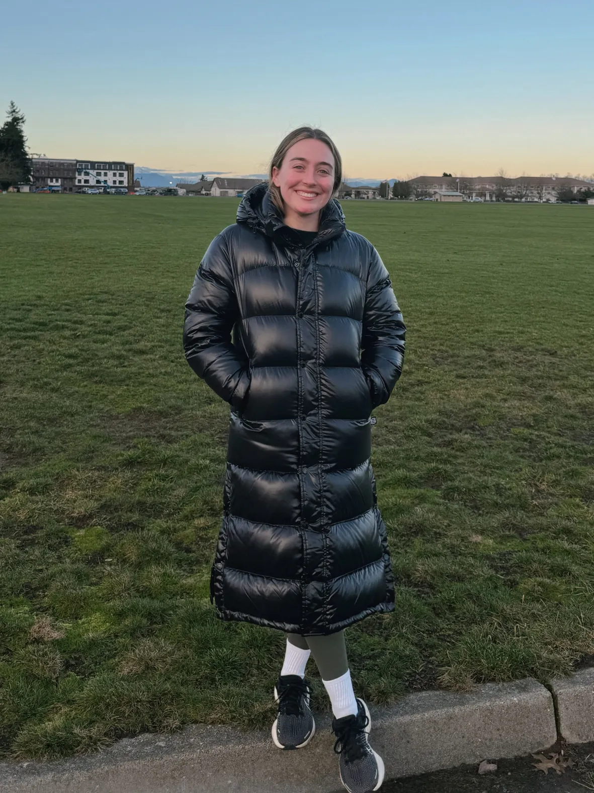 Floor-Length Black Puffer Coat with Leggings — Long Puffer Coat Outfits