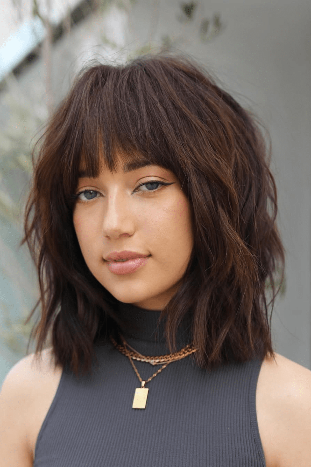 Dark Brown Shag With Blunt Bangs — Winter Layered Haircuts
