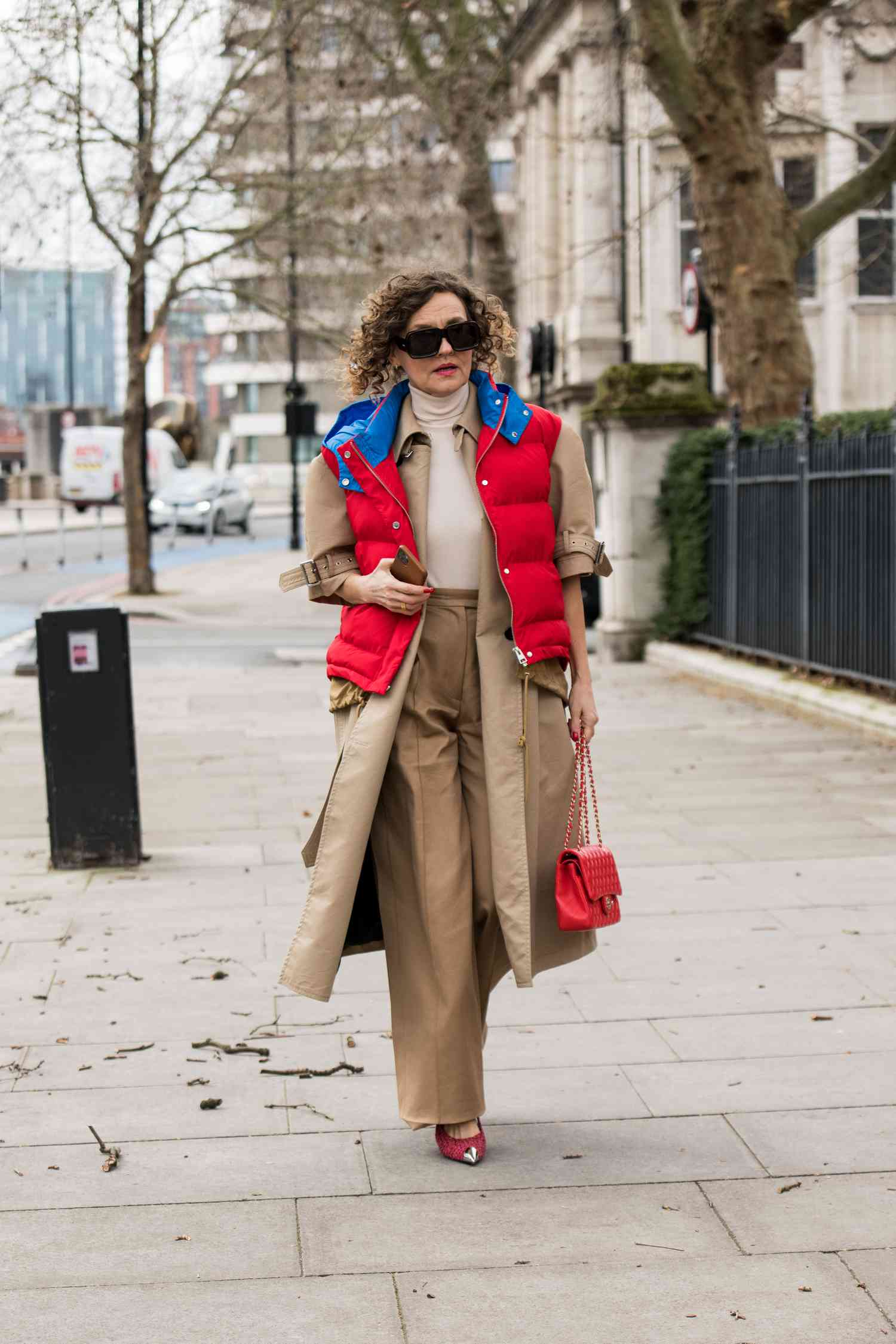 Red Puffer Vest with Trench Coat and Wide-Leg Pants Red Puffer Vest with Trench Coat and Wide-Leg Pants — Puffer Vest Outfits