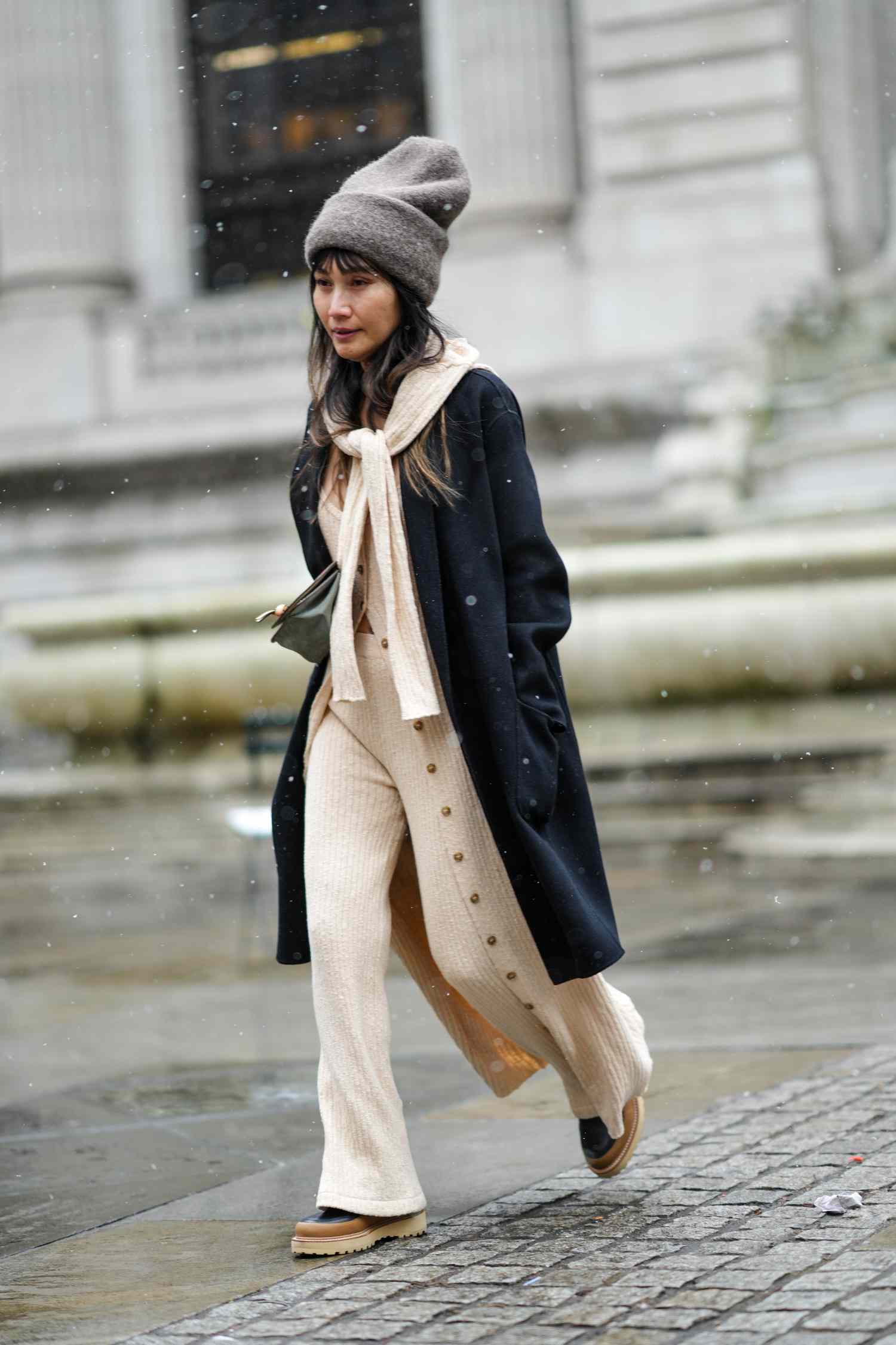 Cream Knit Set Under a Black Wool Coat for Elevated Comfort Cream Knit Set Under a Black Wool Coat for Elevated Comfort — Late Winter Outfits
