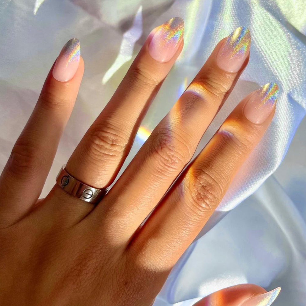 Holographic Glossy Visual Idea — Winter Almond Nails