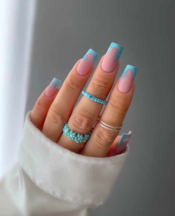 Matte Light Blue Floral French Tips — Blue Nail Inspo