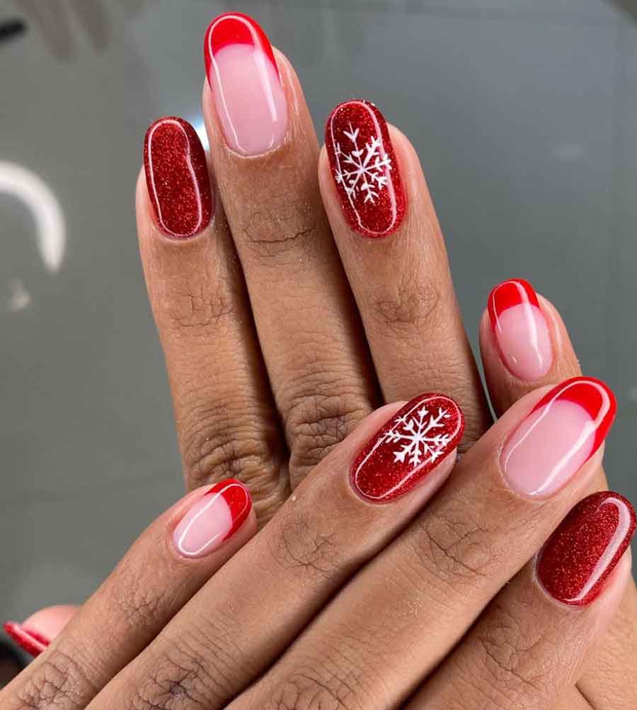 Red French Tips with Snowflake Glitter Accents Red French Tips with Snowflake Glitter Accents — Winter Nail Colors for Dark Skin