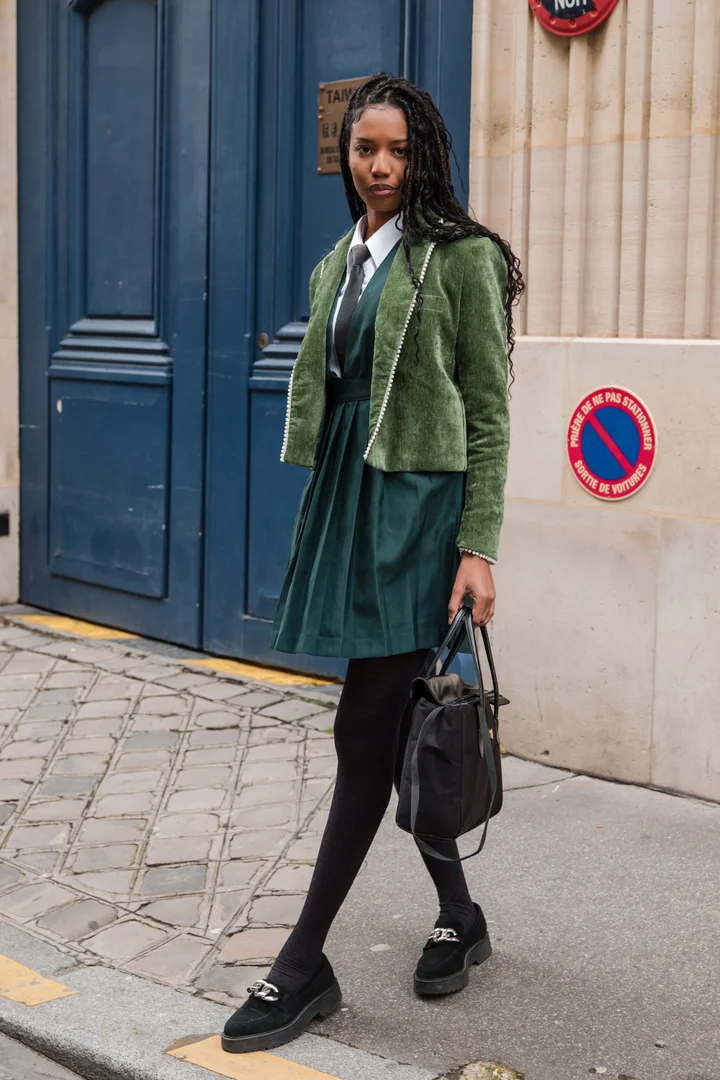 Velvet Jacket with Pearl Trim, Tie, and Pleated Skirt Velvet Jacket with Pearl Trim, Tie, and Pleated Skirt — Paris Winter Outfits