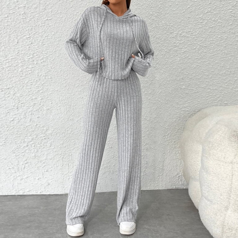 Grey Ribbed Knit Hoodie and Wide-Leg Pants for Lounging Grey Ribbed Knit Hoodie and Wide-Leg Pants for Lounging — Knit Set Outfits