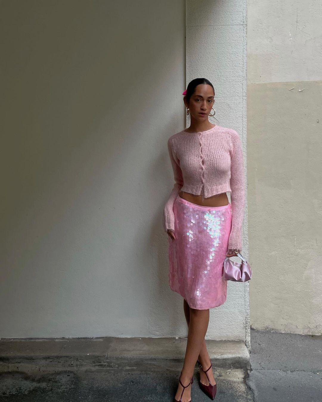 Pink Cardigan and Sequined Skirt for a Birthday Celebration Pink Cardigan and Sequined Skirt for a Birthday Celebration — Winter Birthday Outfits