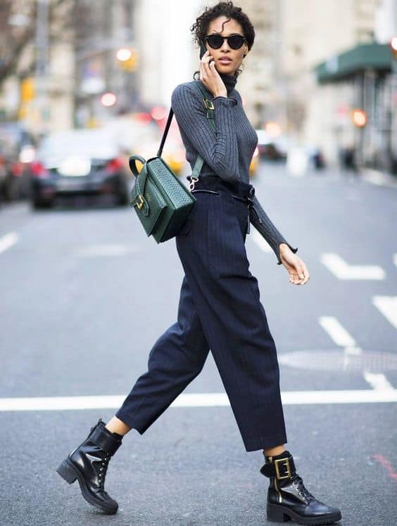 Combat Boots With Buckle Detail and Wide-Leg Trousers — Combat Boots Outfits