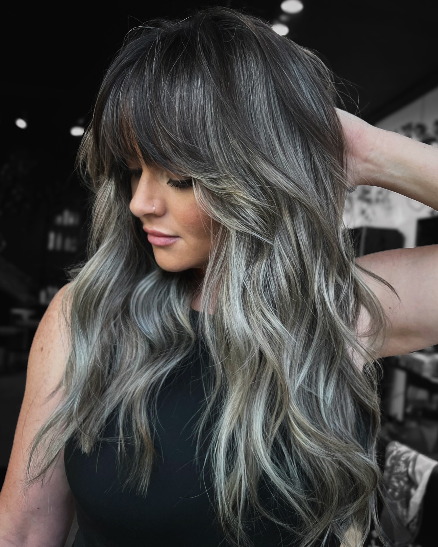 Long Layers With Curtain Bangs, Dark Gray Blend Long Layers With Curtain Bangs, Dark Gray Blend — Gray Blending Highlights