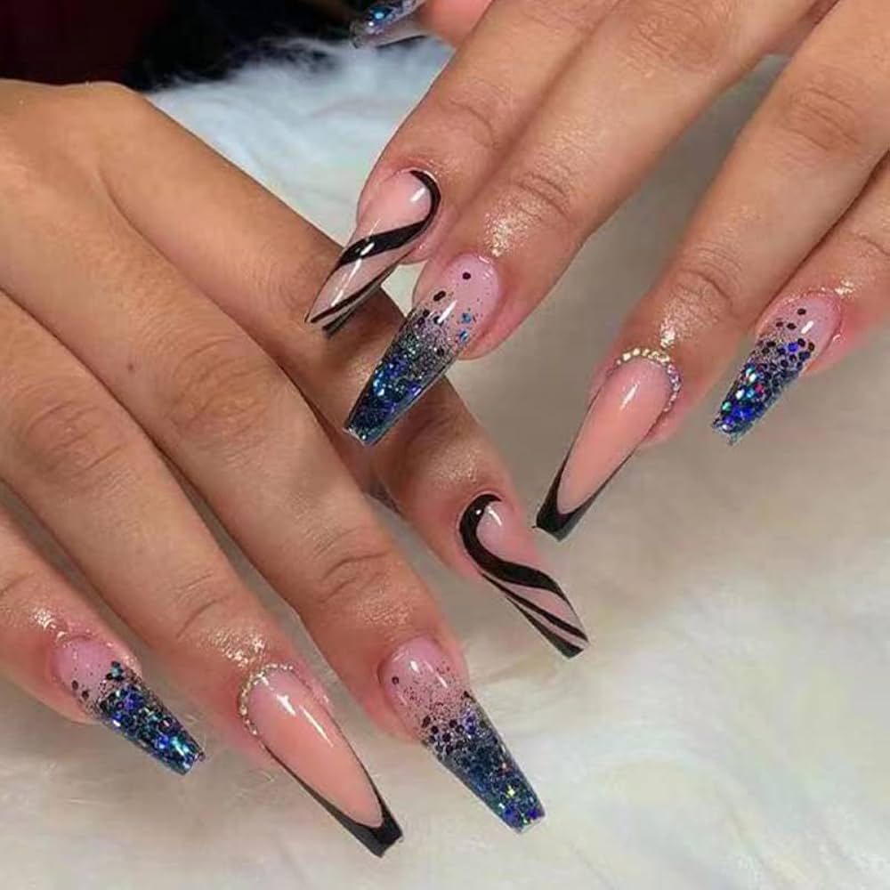 Nude Pink With Black And Blue Glitter Visual Idea — Coffin Nail Designs