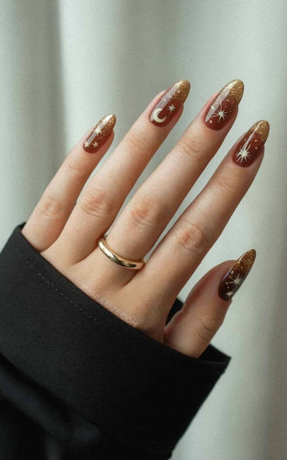 Deep Brown Celestial Almond Nails — Brown Nail Designs