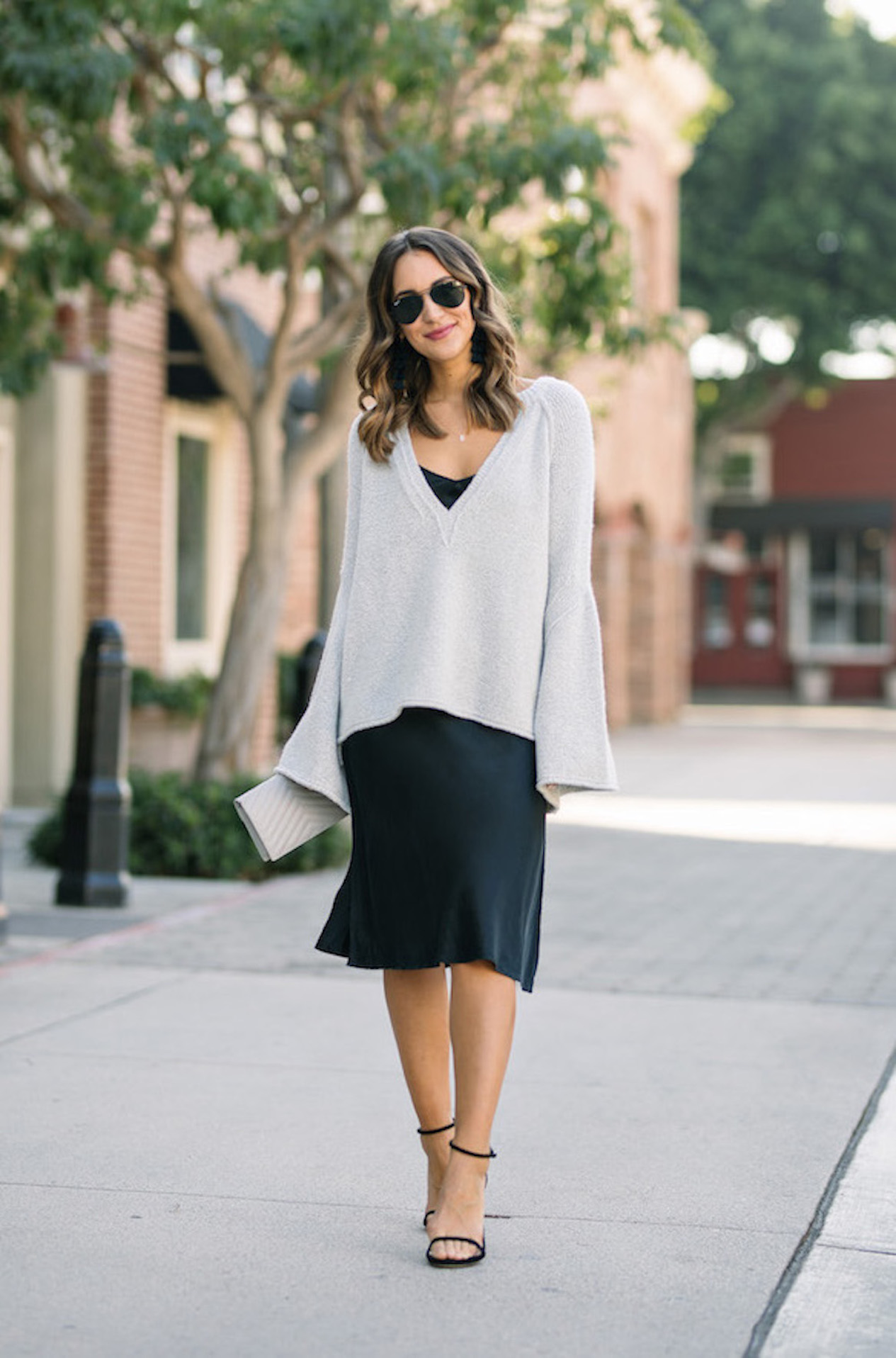 Bell Sleeve Elegance: Grey Sweater Over Slip Dress Bell Sleeve Elegance: Grey Sweater Over Slip Dress — Oversized Sweater Outfits