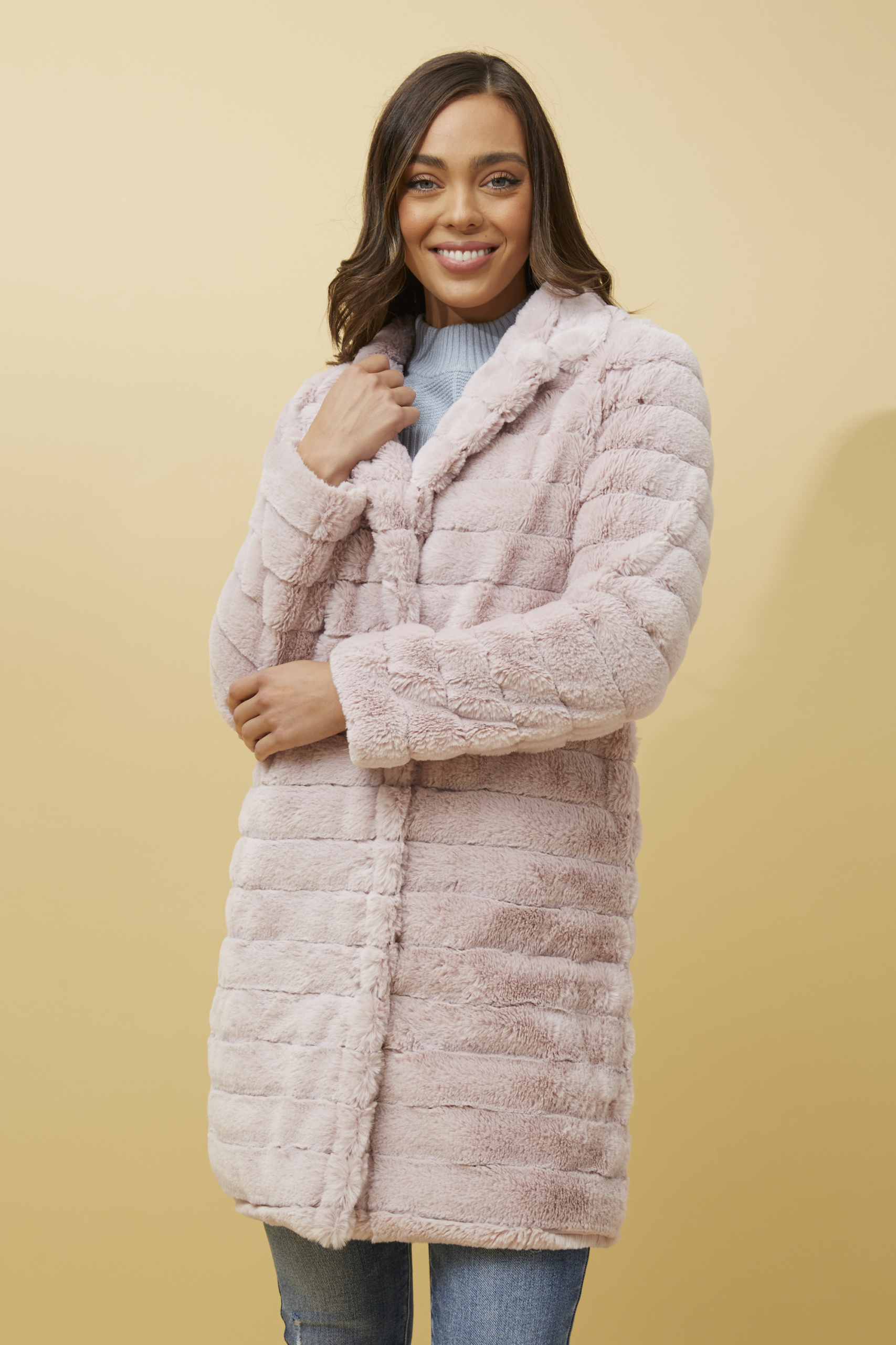 Pink Faux Fur Coat with Light Blue Sweater and Jeans Pink Faux Fur Coat with Light Blue Sweater and Jeans — Teddy Coat Outfits