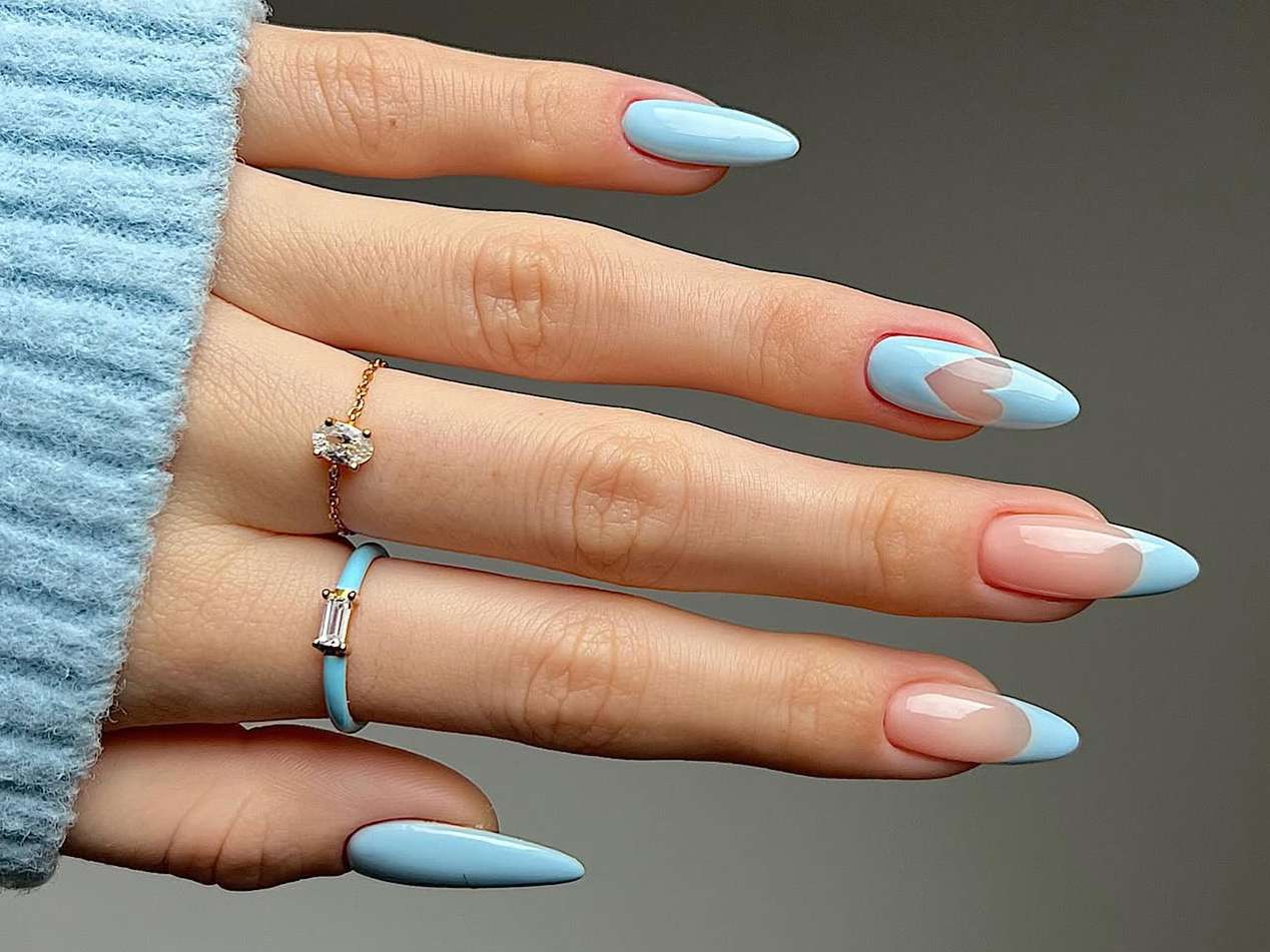 Light Blue French with Heart Accent — Winter to Spring Transition Nails
