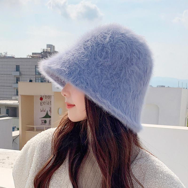 Light Blue Fuzzy Fur Bucket Hat with Bunny Ears — Fur Hat Outfits