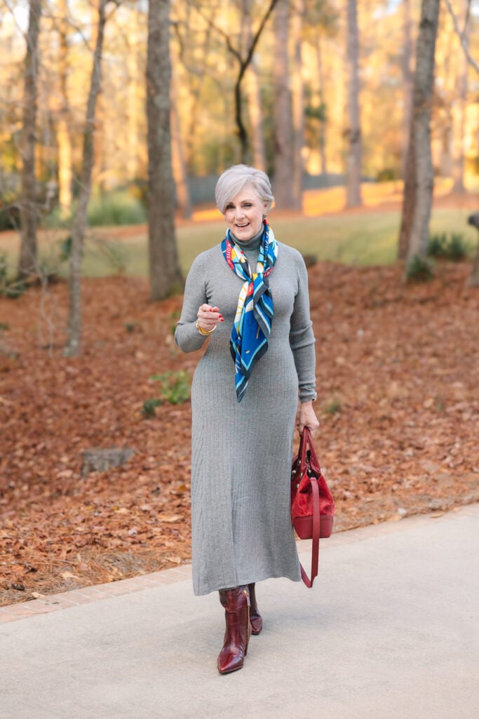 Grey Turtleneck Dress with Colorful Scarf and Burgundy Boots — Turtleneck Outfits