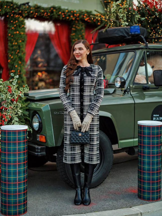 Festive Plaid Dress with Velvet Trim Festive Plaid Dress with Velvet Trim — Modest Winter Outfits