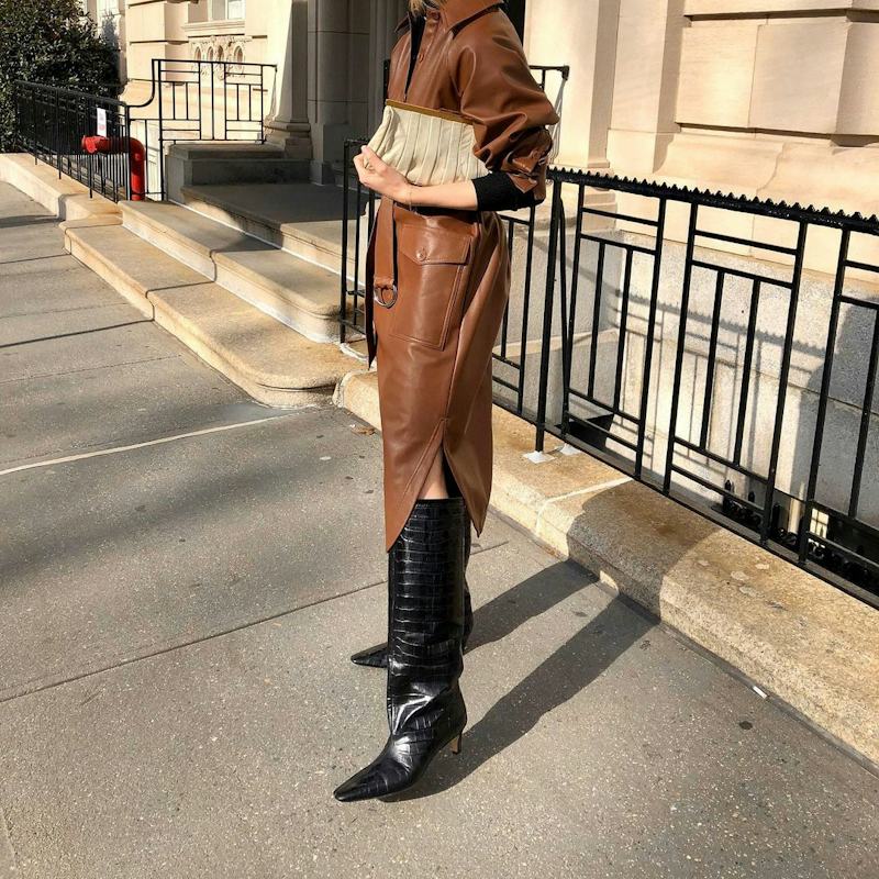 Luxurious Black Croc Boots with Leather Dress Luxurious Black Croc Boots with Leather Dress — Riding Boots Outfits