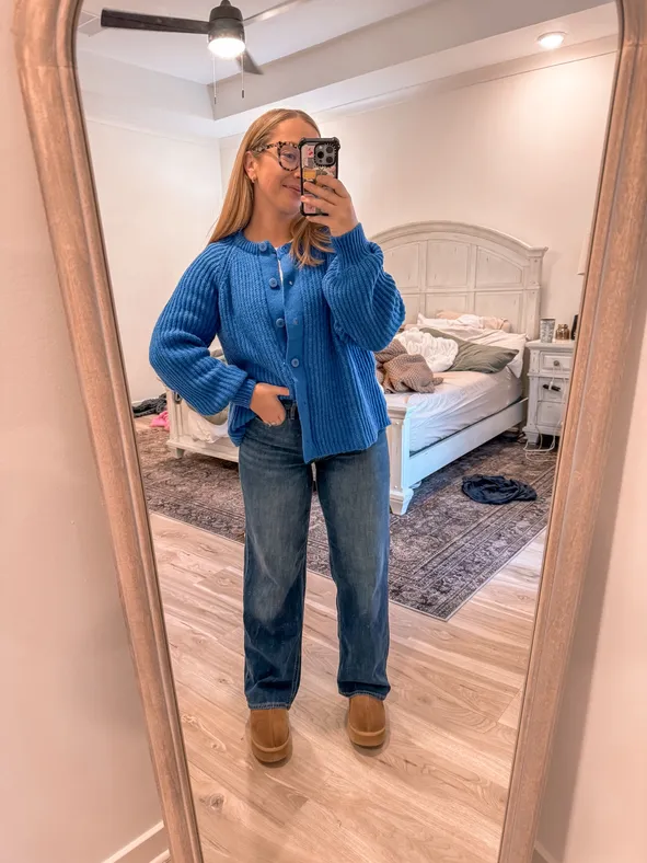 Bright Blue Chunky Knit Cardigan with Relaxed Jeans — Winter Teacher Outfits
