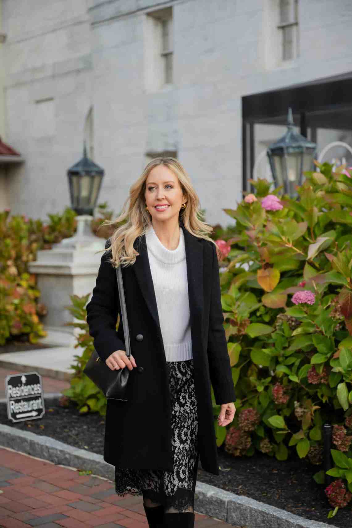 Chic Layers: Wool Coat Over Lace Skirt — Winter Brunch Outfits