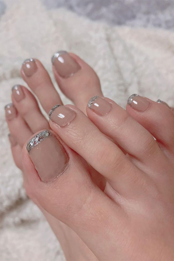 Nude Glitter French Tips — Winter Toe Nails