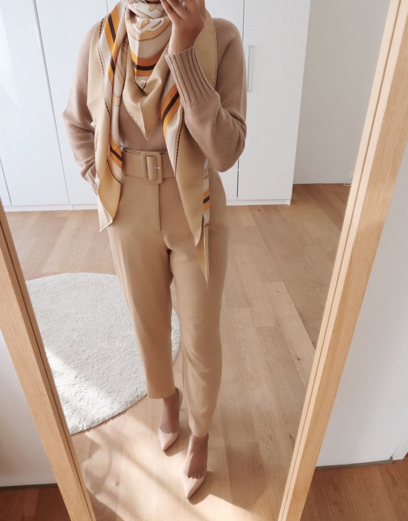 Large Silk Scarf as a Chic Neck Accessory in Monochromatic Ensemble — Scarf Outfits